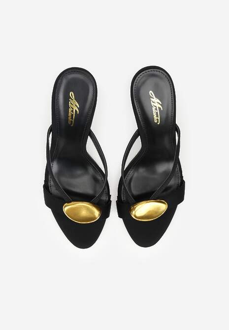 Czarne Klapki na Szpilce z Metalicznym Zdobieniem w Kształcie Owalu Meridsya 6