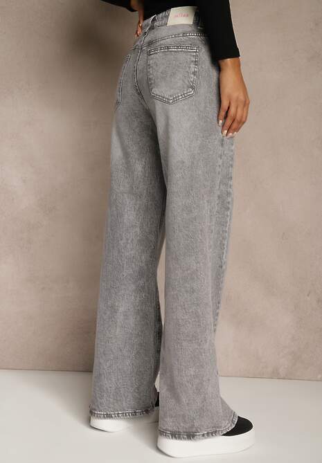 Szare Szerokie Jeansy z Bawełny High Waist Ozdobione Przetarciami Orryna 4