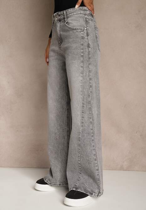 Szare Szerokie Jeansy z Bawełny High Waist Ozdobione Przetarciami Orryna 4