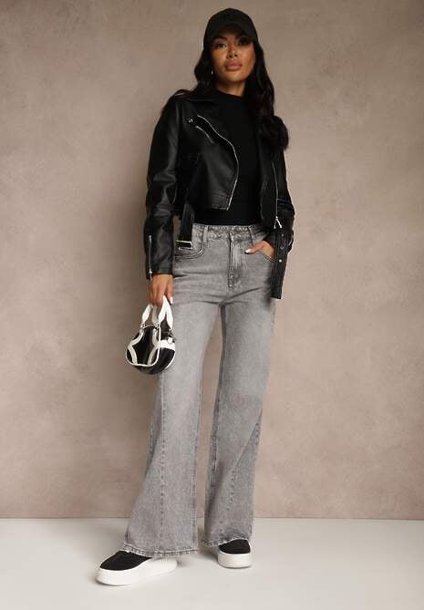 Szare Szerokie Jeansy z Bawełny High Waist Ozdobione Przetarciami Orryna