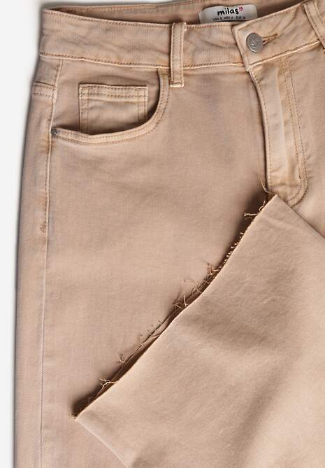 Beżowe Jeansy High Waist Wide Leg z Surowo Zakończonymi Nogawkami Rhelnell 6