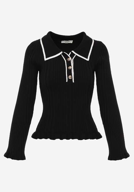 Czarny Sweter Retro z Wiskozą Zdobiony Kołnierzykiem Falbankami i Guzikami Sirrise 6