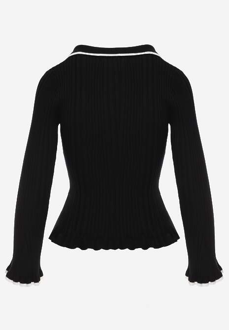 Czarny Sweter Retro z Wiskozą Zdobiony Kołnierzykiem Falbankami i Guzikami Sirrise 7
