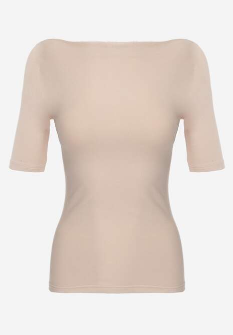 Beżowy Dopasowany T-shirt z Wiskozy z Dekoltem w Łódkę Vivianna 6