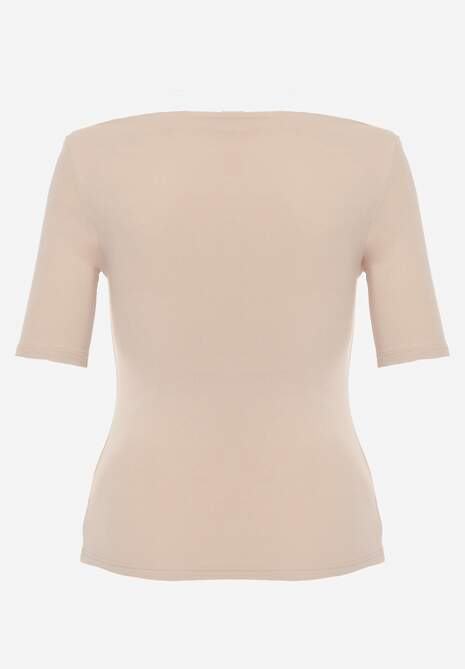 Beżowy Dopasowany T-shirt z Wiskozy z Dekoltem w Łódkę Vivianna 7