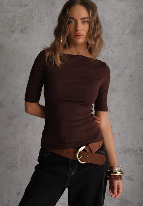 Brązowy Dopasowany T-shirt z Wiskozy z Dekoltem w Łódkę Vivianna 4