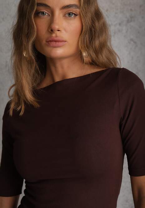 Brązowy Dopasowany T-shirt z Wiskozy z Dekoltem w Łódkę Vivianna 5