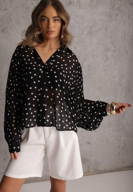 Czarna Koszula z Wiskozy i Bawełny Zdobiona Groszkami i Plisami na Rękawach Osharus 4