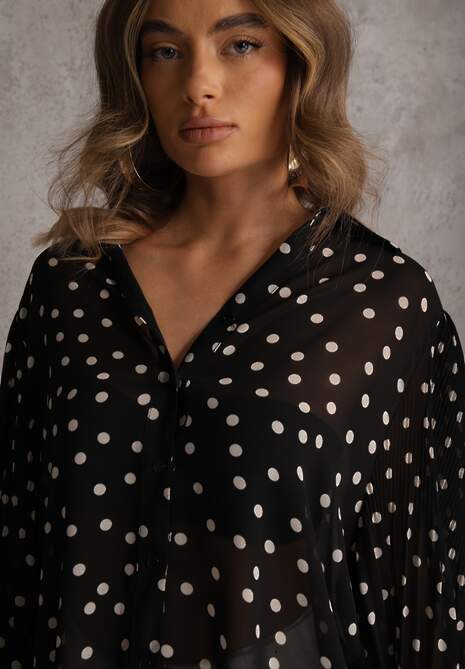 Czarna Koszula z Wiskozy i Bawełny Zdobiona Groszkami i Plisami na Rękawach Osharus 5