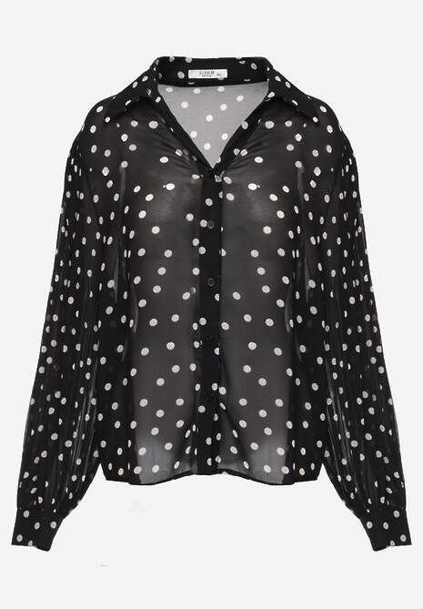 Czarna Koszula z Wiskozy i Bawełny Zdobiona Groszkami i Plisami na Rękawach Osharus 6
