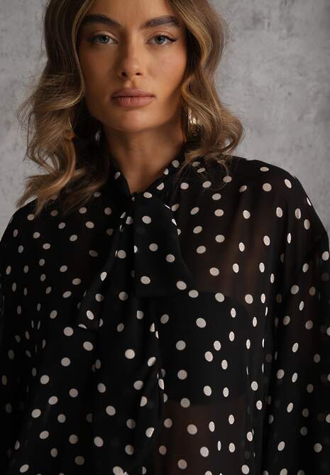Czarna Półprzezroczysta Koszula w Kropki z Wiskozy i Bawełny z Wiązaniem Delmara 5