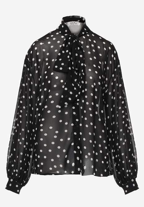 Czarna Półprzezroczysta Koszula w Kropki z Wiskozy i Bawełny z Wiązaniem Delmara 6