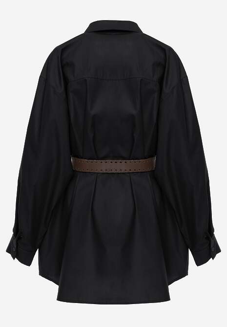 Czarna Bawełniano-Wiskozowa Koszula o Długim Kroju Oversize z Paskiem Tethys 7