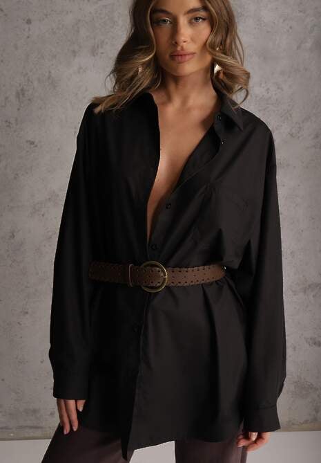 Czarna Bawełniano-Wiskozowa Koszula o Długim Kroju Oversize z Paskiem Tethys