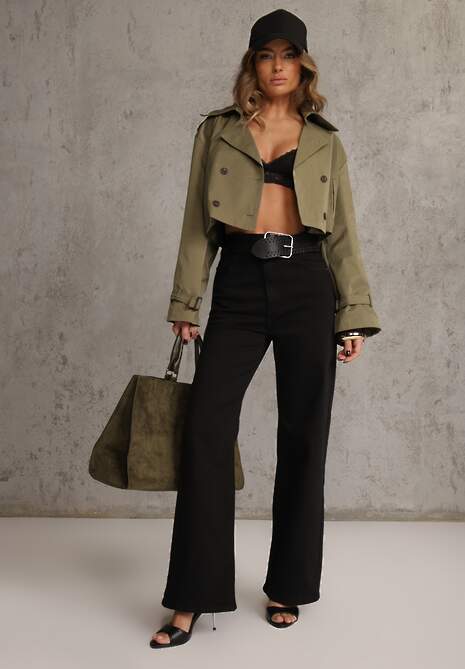 Czarne Szerokie Spodnie High Waist z Bawełny Rhethyphe