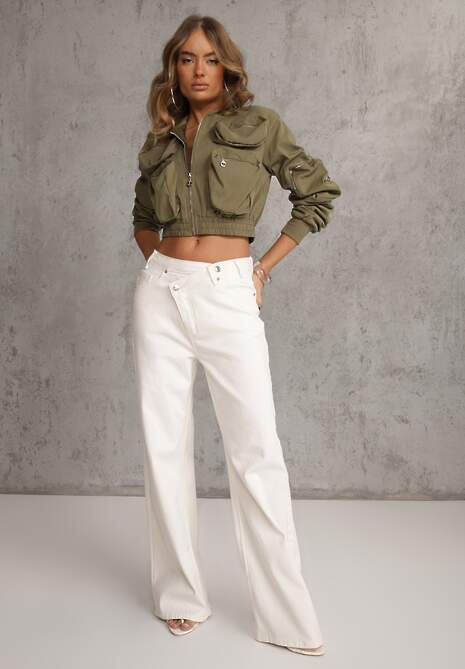 Białe Bawełniane Jeansy Wide Leg z Asymetrycznym Guzikiem Thesiphi 4