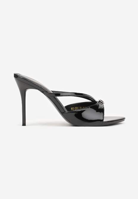 Czarne Klapki na Szpilce z Paskami Klamerką i Lakierowanym Połyskiem Urneiros 4