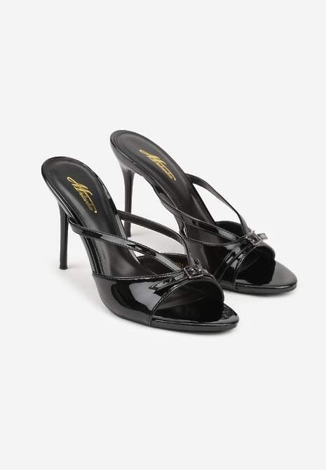 Czarne Klapki na Szpilce z Paskami Klamerką i Lakierowanym Połyskiem Urneiros 5