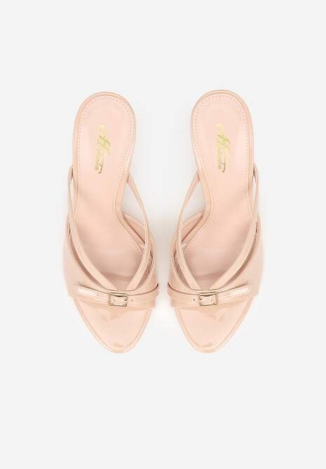Beżowe Klapki na Szpilce z Paskami Klamerką i Lakierowanym Połyskiem Urneiros 6