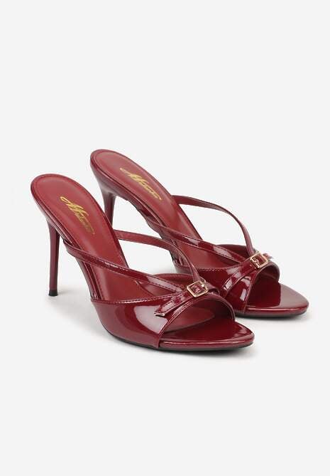 Bordowe Klapki na Szpilce z Paskami Klamerką i Lakierowanym Połyskiem Urneiros 5