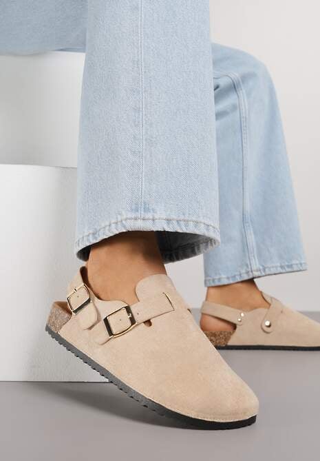 Beżowe Sandały Typu Chodaki z Klamrami Silvermore