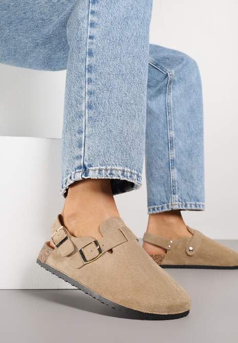 Ciemnobeżowe Sandały Typu Chodaki z Klamrami Silvermore