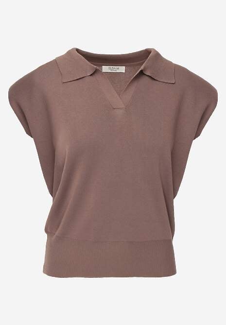 Brązowa Sweterkowa Bluzka z Wiskozy z Kołnierzykiem i Usztywnioną Linią Ramion Helite 6