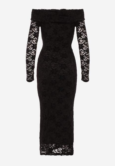 Czarna Koronkowa Sukienka Bodycon z Odkrytymi Ramionami i Supłem Aethanise 7