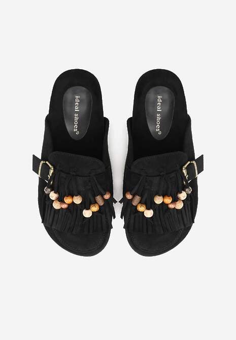 Czarne Klapki na Platformie Ozdobione Koralikami Klamrami i Frędzlami Leurecea 6