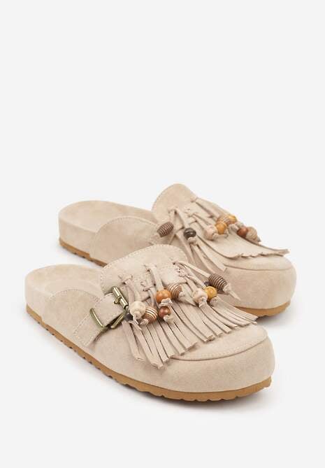 Ciemnobeżowe Klapki na Platformie Ozdobione Koralikami Klamrami i Frędzlami Leurecea 5