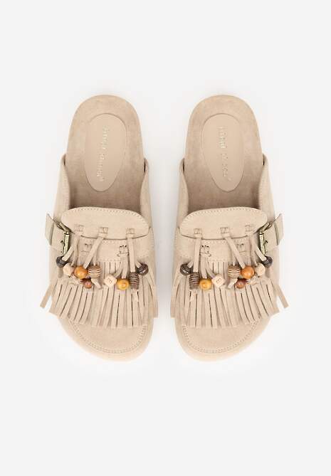 Ciemnobeżowe Klapki na Platformie Ozdobione Koralikami Klamrami i Frędzlami Leurecea 6