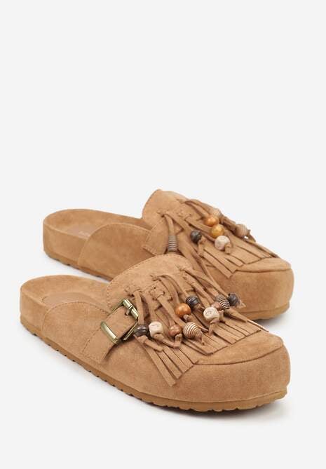 Jasnobrązowe Klapki na Platformie Ozdobione Koralikami Klamrami i Frędzlami Leurecea 5