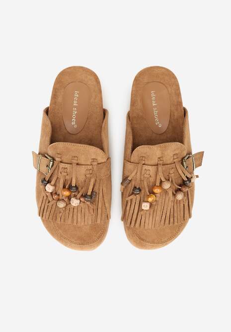 Jasnobrązowe Klapki na Platformie Ozdobione Koralikami Klamrami i Frędzlami Leurecea 6