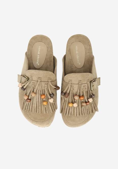 Zielone Klapki na Platformie Ozdobione Koralikami Klamrami i Frędzlami Leurecea 6