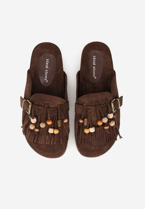 Brązowe Klapki na Platformie Ozdobione Koralikami Klamrami i Frędzlami Leurecea 6