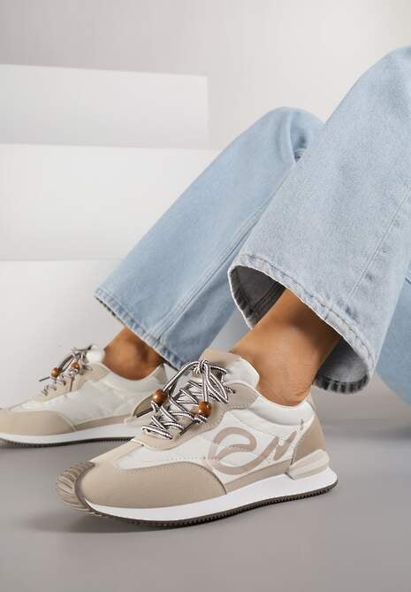 Beżowe Sneakersy Ozdobione Geometrycznym Motywem Phiaronei