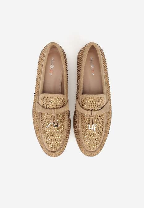 Ciemnobeżowe Mokasyny z Cyrkoniami i Ozdobami Distantsteam 6