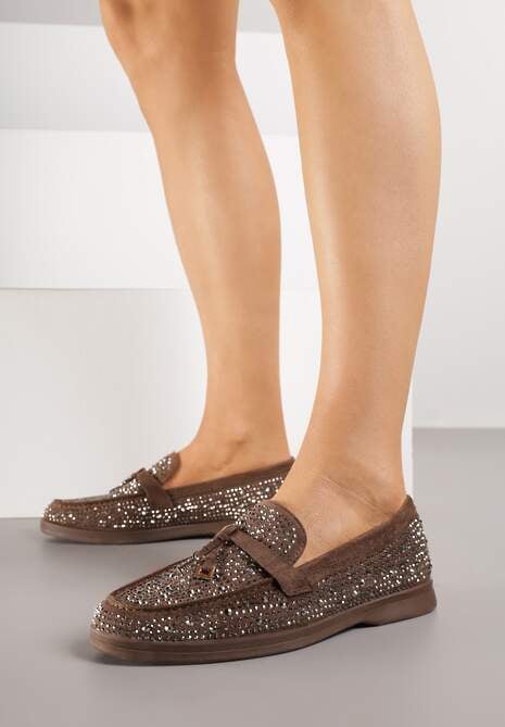 Brązowe Mokasyny z Cyrkoniami i Ozdobami Distantsteam