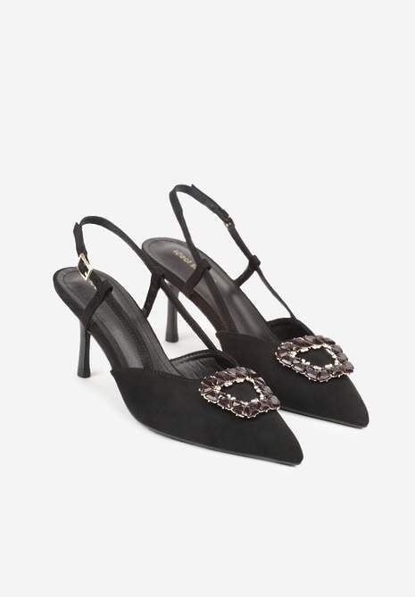 Czarne Sandały na Szpilce Ozdobione Aplikacją z Cyrkoniami Orinriane 5
