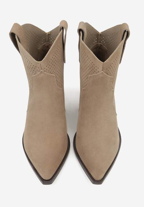 Ciemnobeżowe Botki Typu Kowbojki na Stożku ze Skóry Naturalnej Clearfeather 6