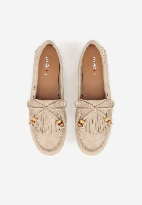 Ciemnobeżowe Mokasyny z Koralikami Kokardą i Frędzlami Nahda 6