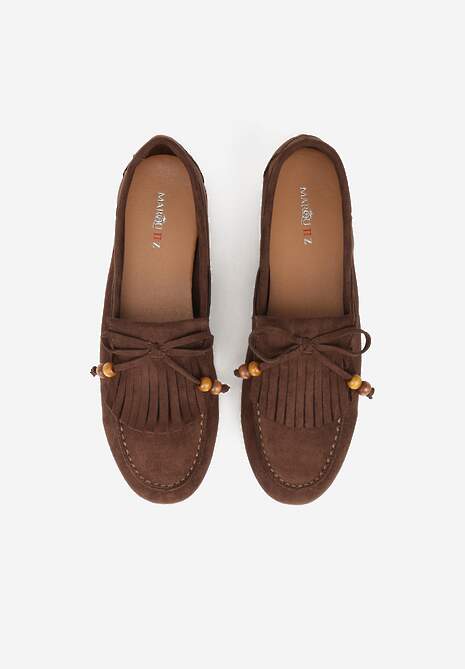 Brązowe Mokasyny z Koralikami Kokardą i Frędzlami Nahda 6