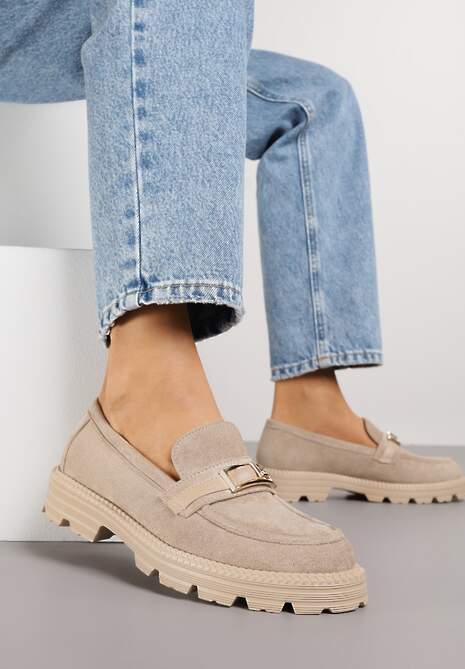 Beżowe Mokasyny z Metaliczną Klamrą Glitterfly