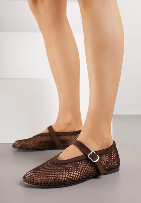 Brązowe Balerinki Ozdobione Siateczką Arolamar