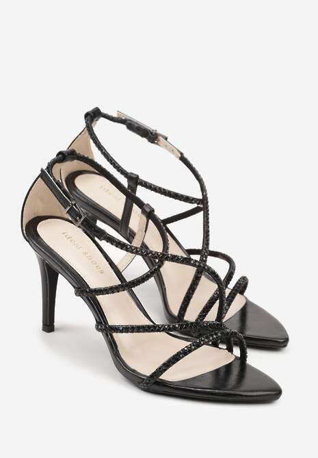 Czarne Sandały na Szpilce z Cyrkoniowymi Paskami Evirane 5