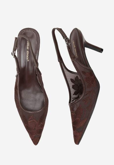 Brązowe Sandały na Szpilce Ozdobione Haftem Chelmeda 6