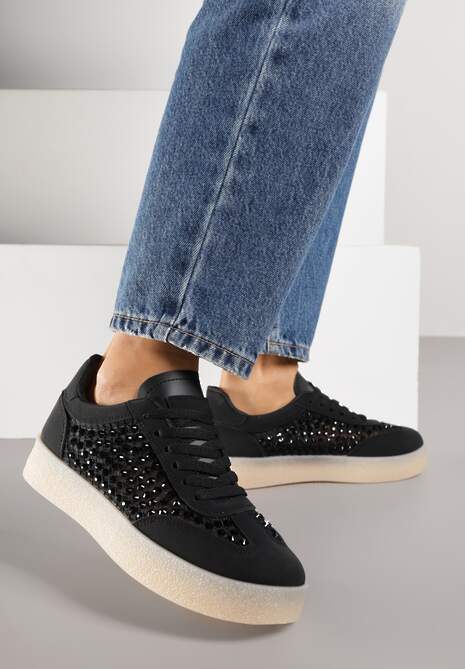Czarne Sneakersy na Platformie z Cyrkoniami Moonblaze
