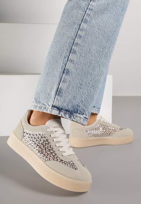 Beżowe Sneakersy na Platformie z Cyrkoniami Moonblaze