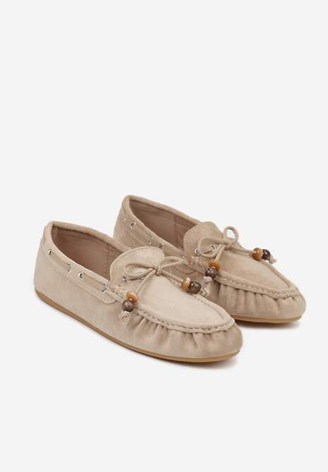 Ciemnobeżowe Mokasyny Ozdobione Kokardą Koralikami i Przeszyciami Clanrunner 5