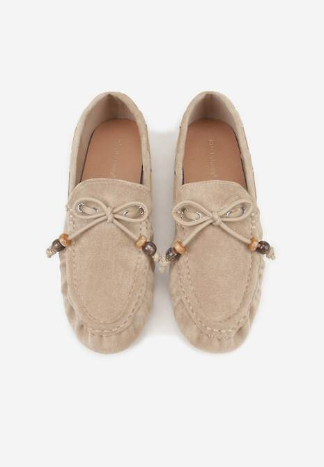 Ciemnobeżowe Mokasyny Ozdobione Kokardą Koralikami i Przeszyciami Clanrunner 6